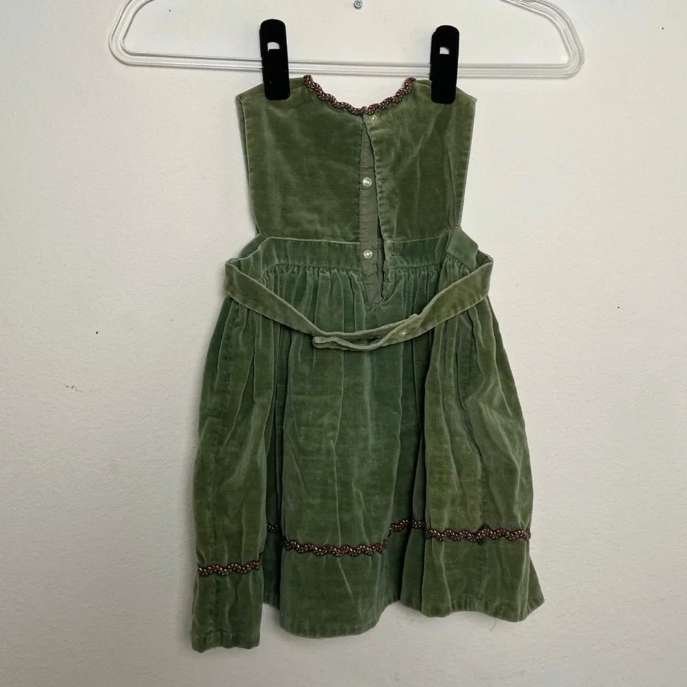 Vintage Green Velvet Pinafore Dress Kids Floral Embroidery Pleated Holiday Olive